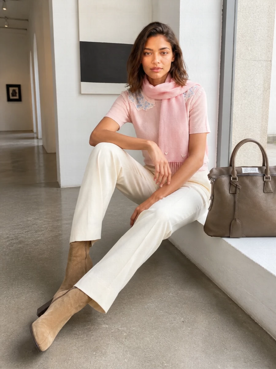 Maison margiela blush knit cream trousers outfit