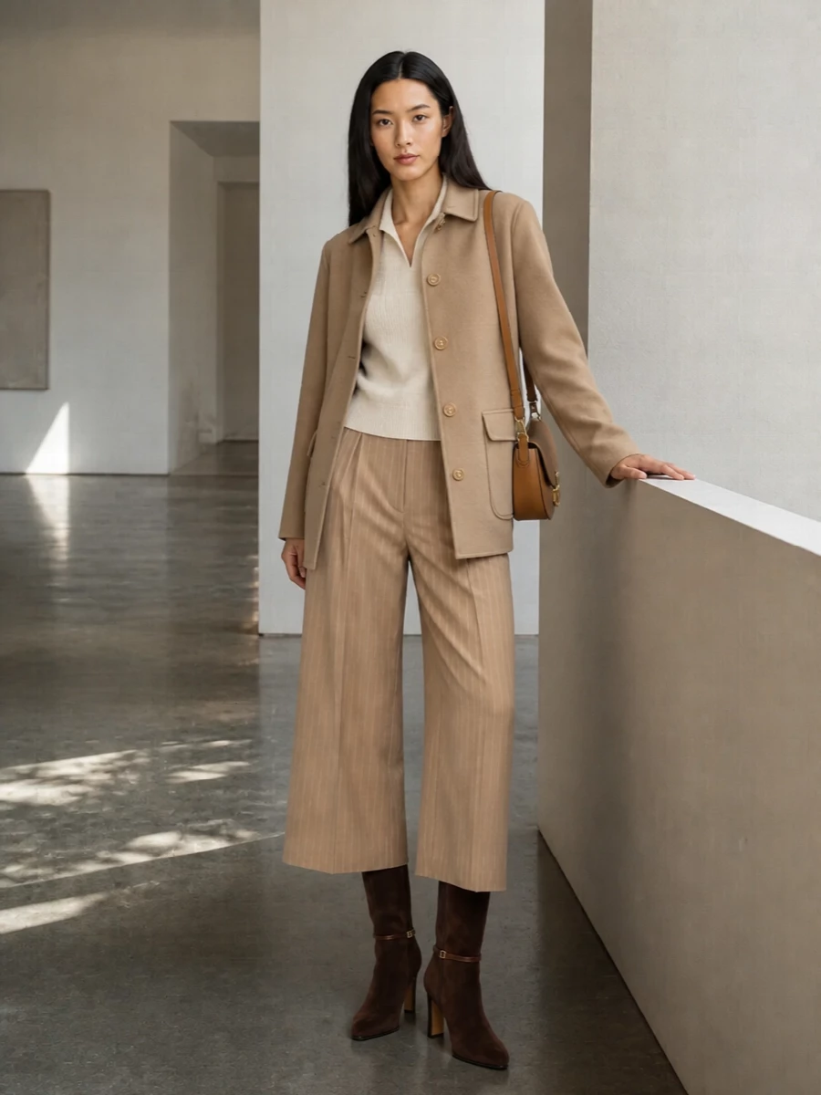 Valentino camel coat wide leg trousers outfit