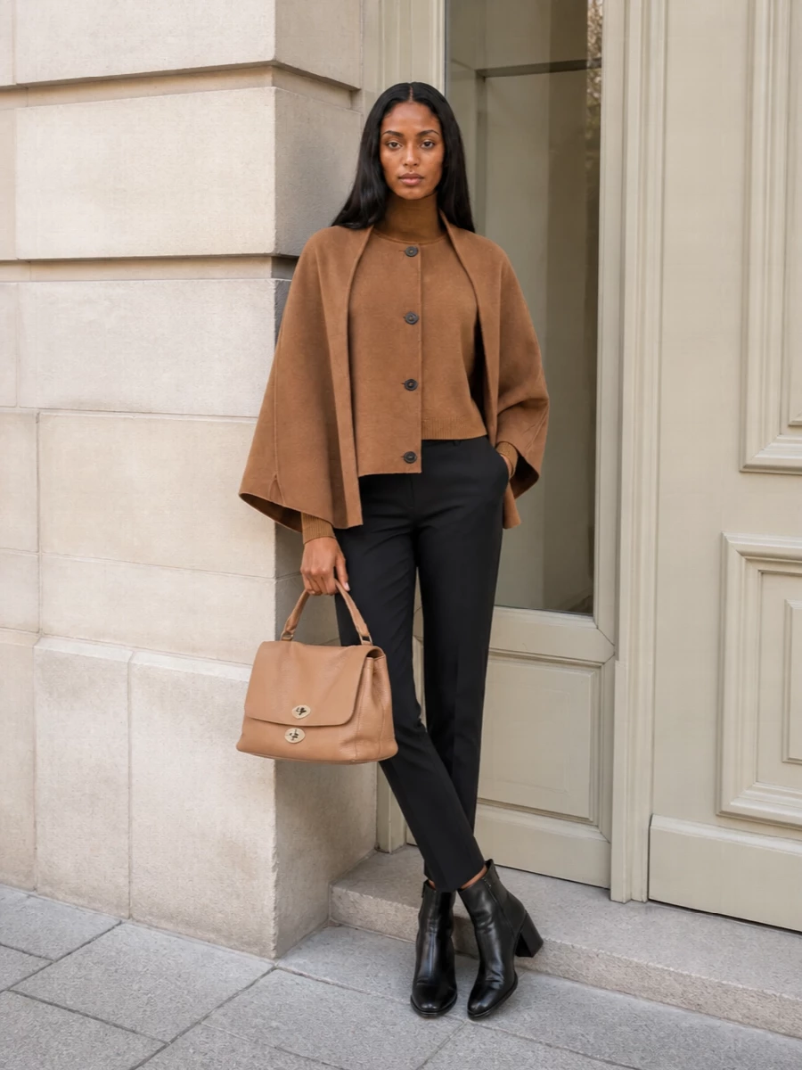 Max mara camel cape black trousers outfit