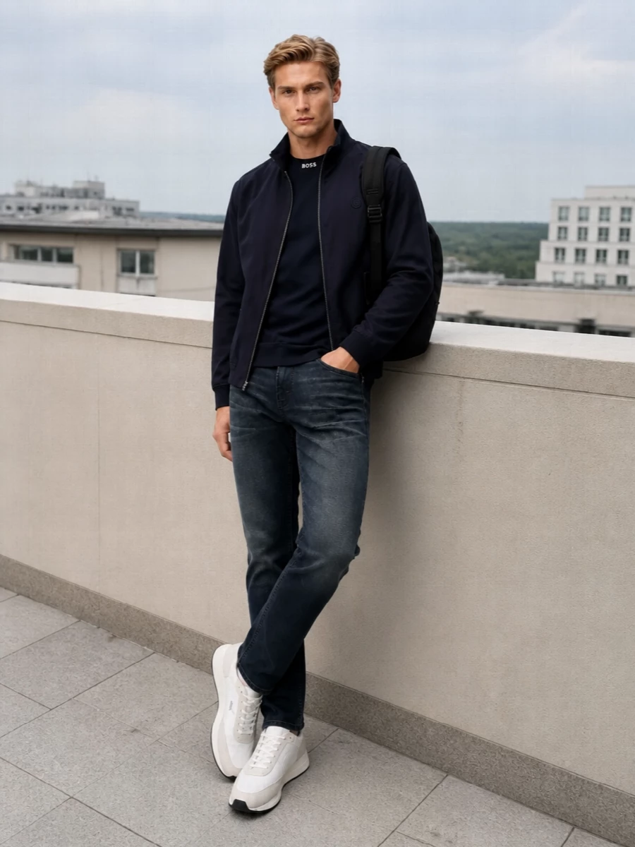 Boss bomber dark jeans white sneakers outfit
