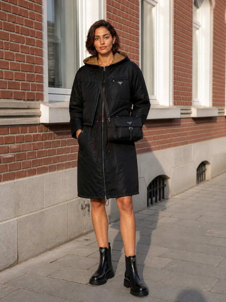 Prada black puffer nylon dress chunky boots