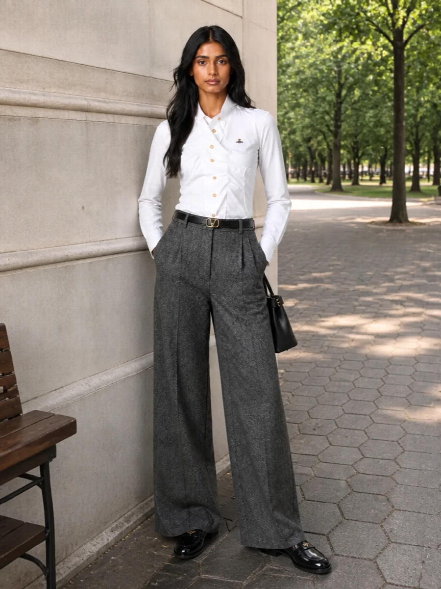 Vivienne westwood grey wide leg suit prada loafers