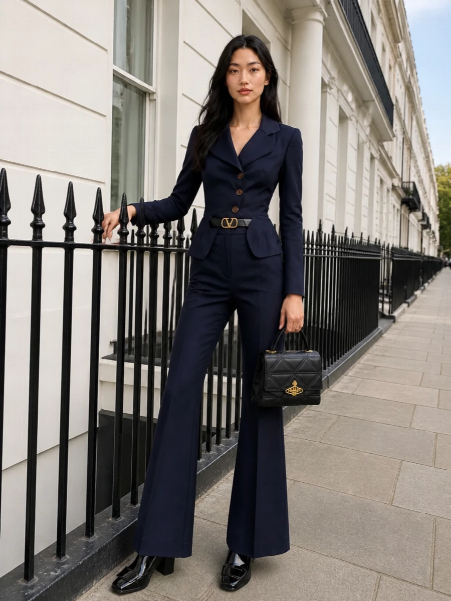Vivienne westwood navy blazer flared trousers outfit