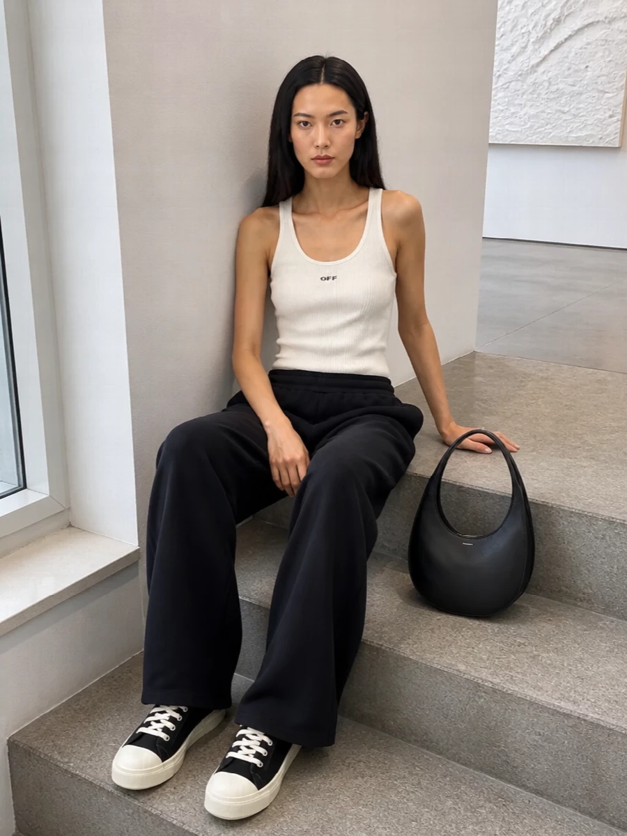 Off white ribbed tank wide leg pants outfit