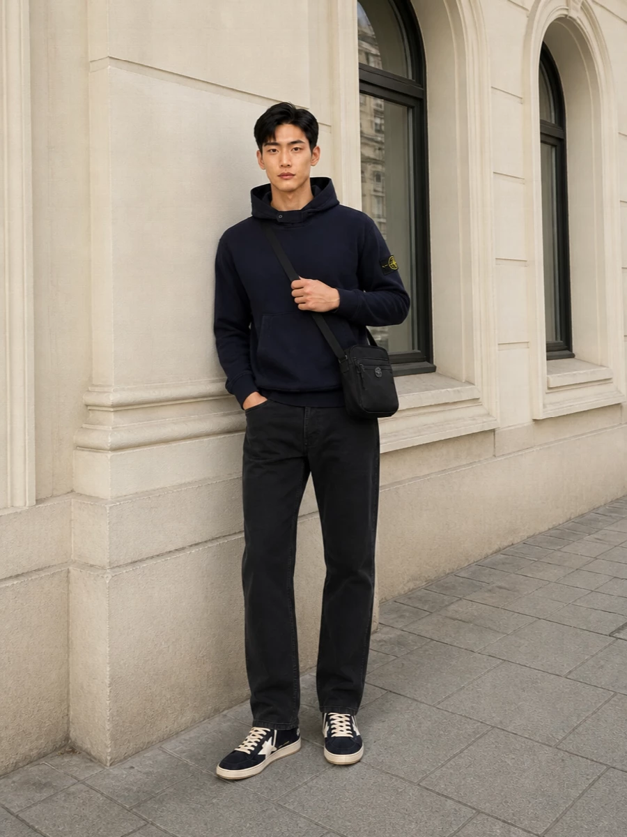 Stone island navy hoodie black jeans sneakers