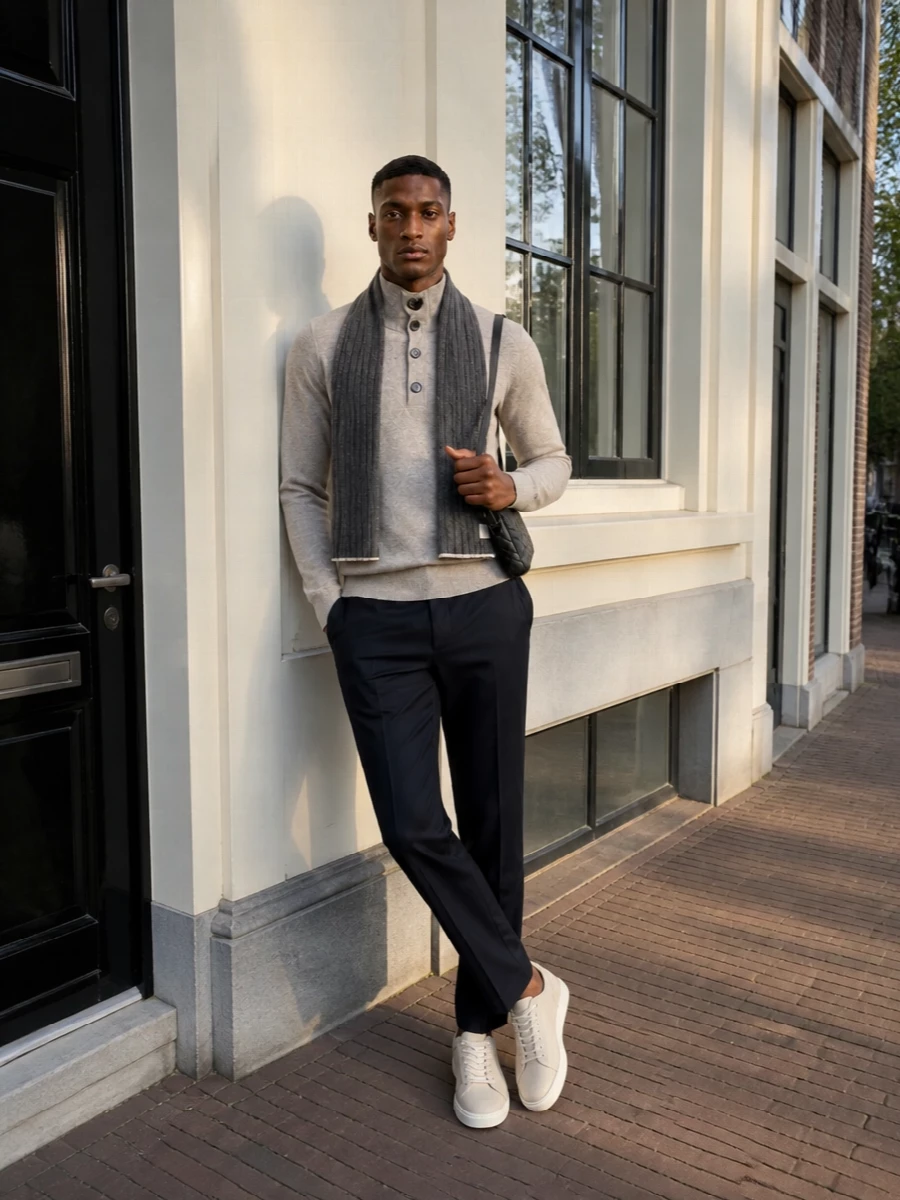 Brioni taupe sweater brunello cucinelli navy trousers