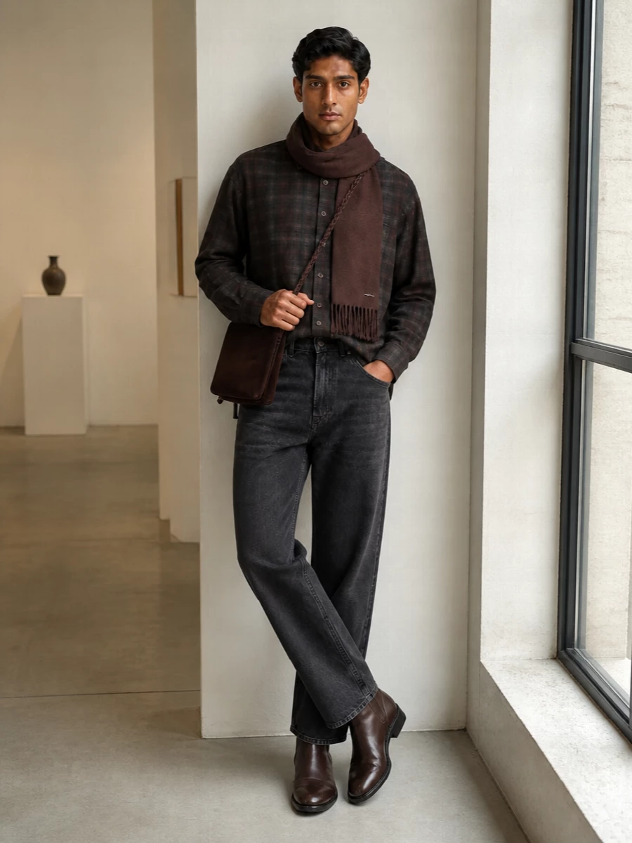 Our legacy plaid shirt black jeans brown boots