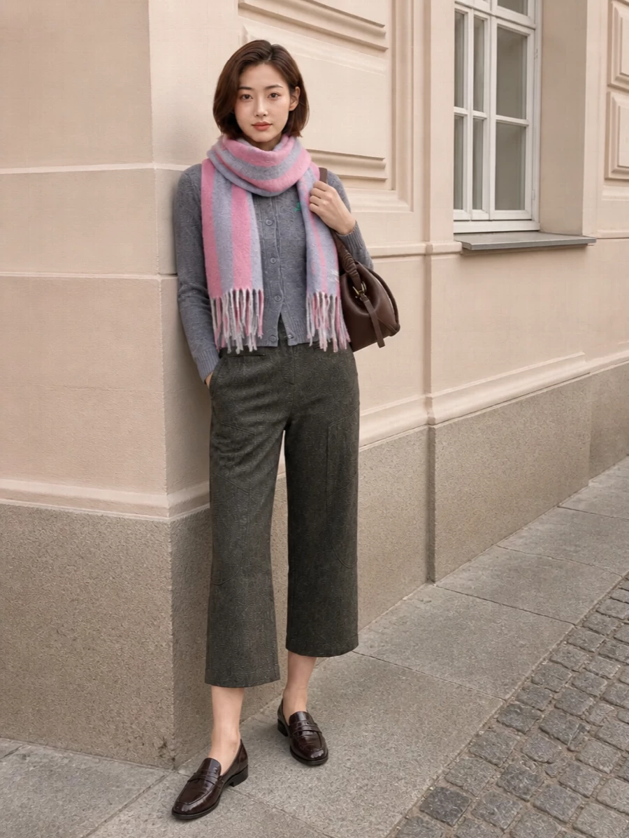 Ganni’s grey cardigan is paired with textured cropped herringbone trousers for a clean, quietly confident city uniform. Dark chocolate loafers and a matching sculptural tote introduce depth and structure while keeping everything relaxed enough for desk-to-dinner. The muted palette stays calm and considered, letting subtle texture and proportion do the work.