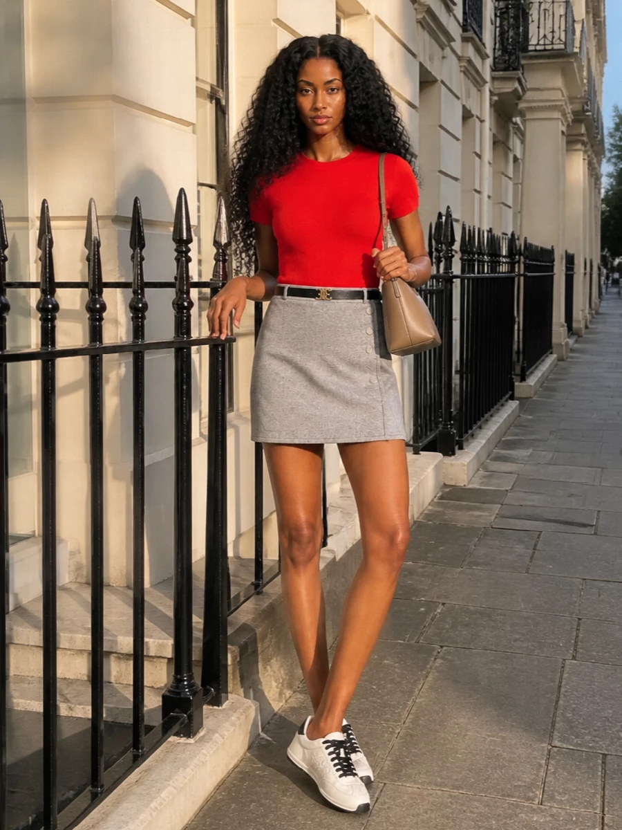 Tory burch red tee grey mini skirt outfit