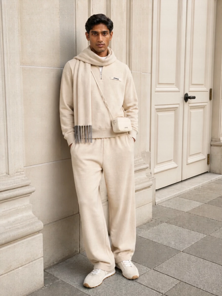 Jacquemus beige wide leg trousers sneakers outfit