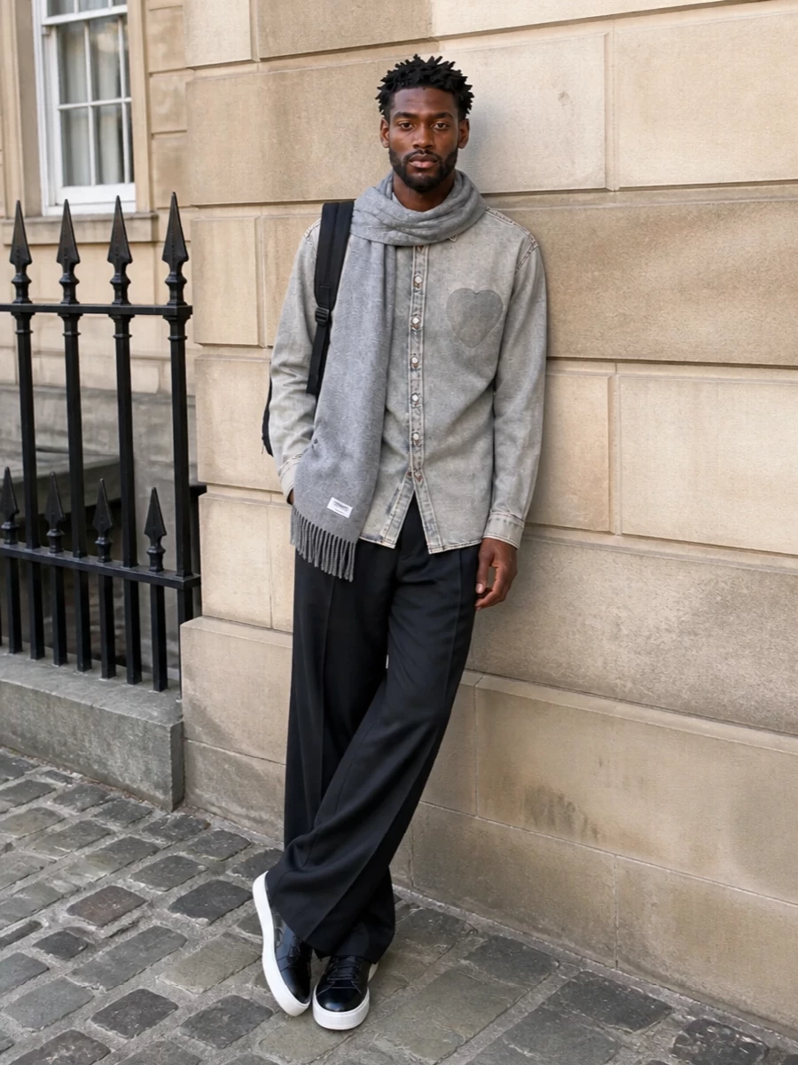 Moschino denim shirt black wide leg trousers outfit