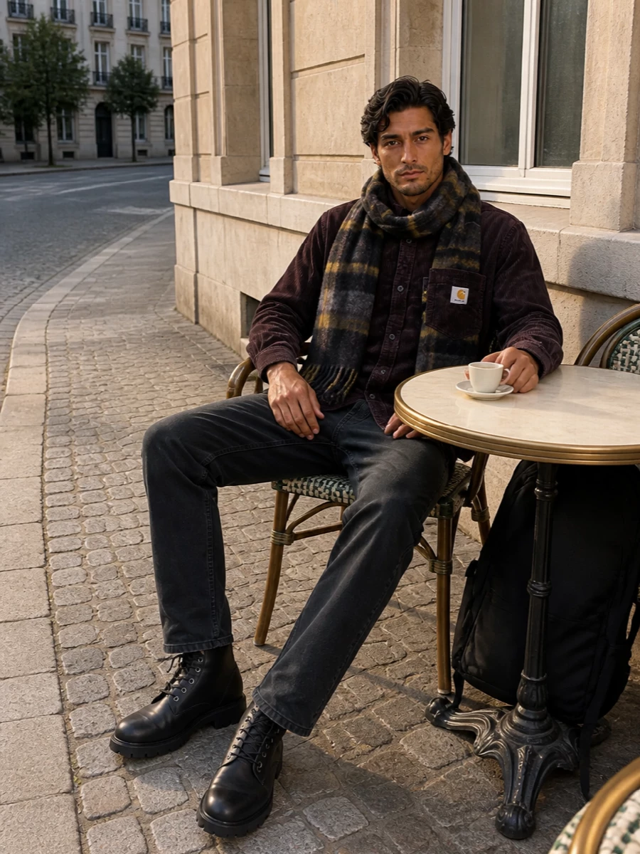 Carhartt plum corduroy shirt charcoal pants outfit