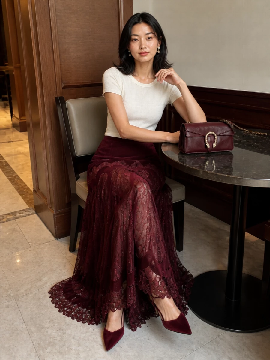Zimmermann burgundy lace maxi evening styling