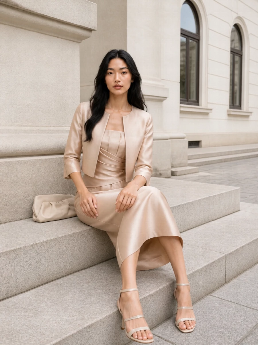Alberta ferretti champagne satin dress outfit