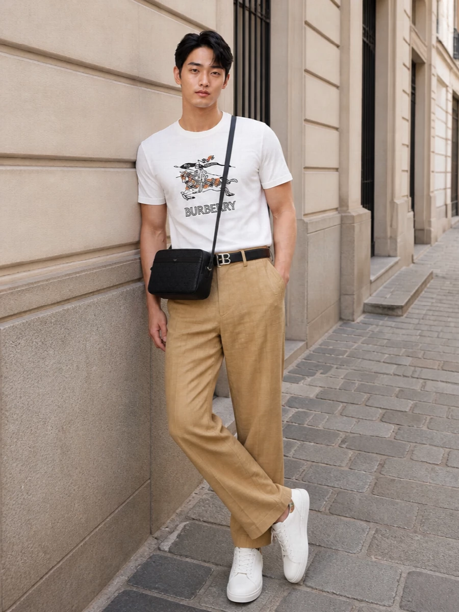 Burberry graphic tee sand trousers street style