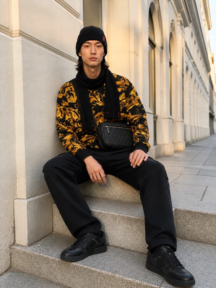 Versace baroque sweatshirt black cargo trousers