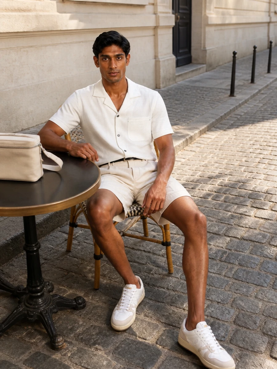 Lanvin camp shirt cream tailored shorts outfit