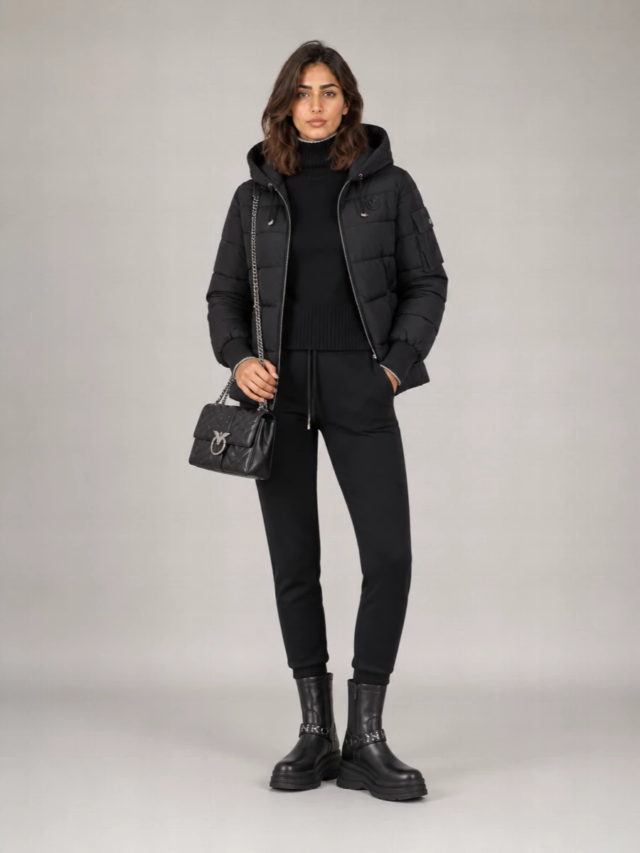 Pinko Hooded Ribbed Cuff Short Down Jacket