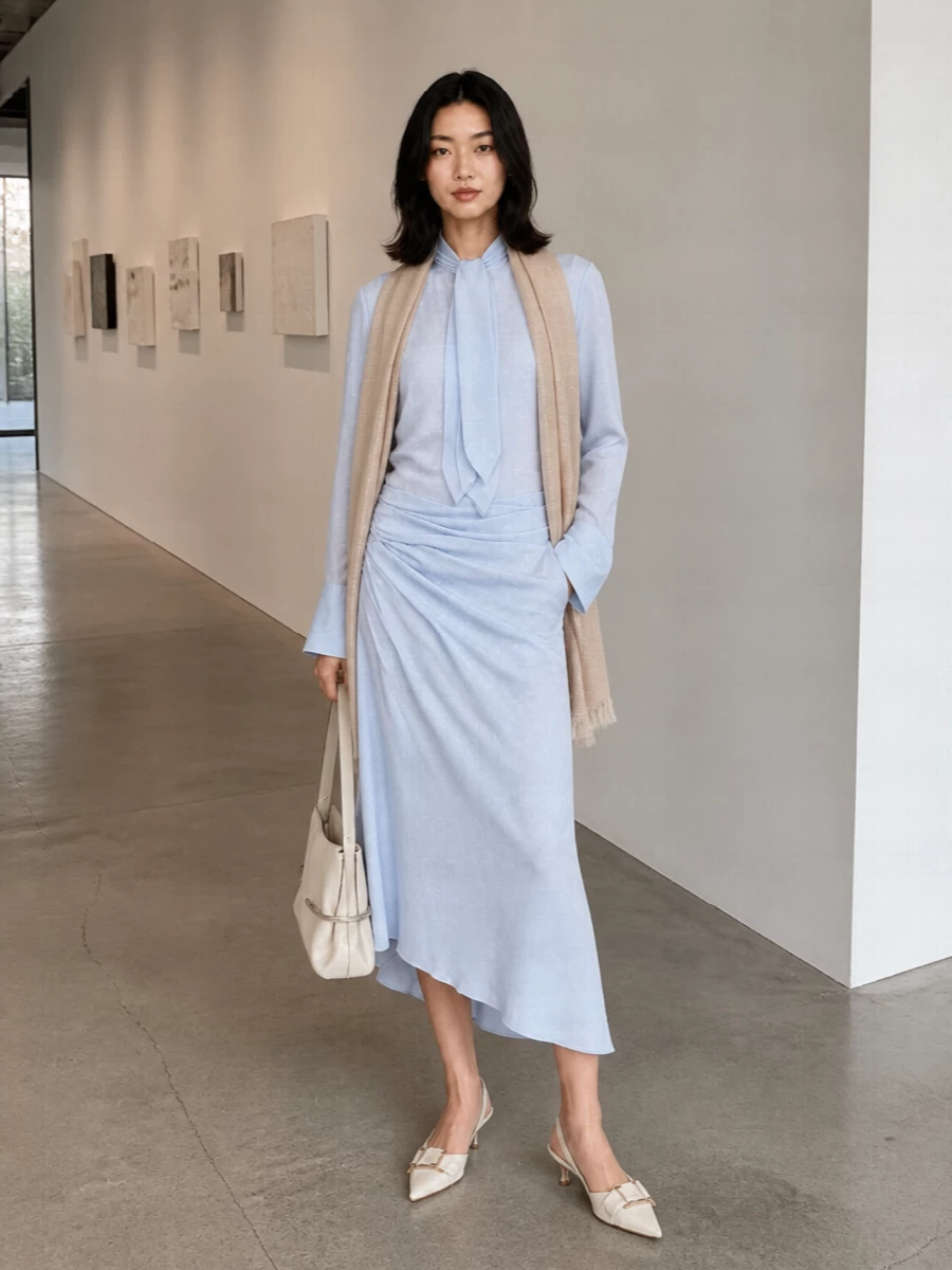 Givenchy blue midi skirt ivory heels outfit