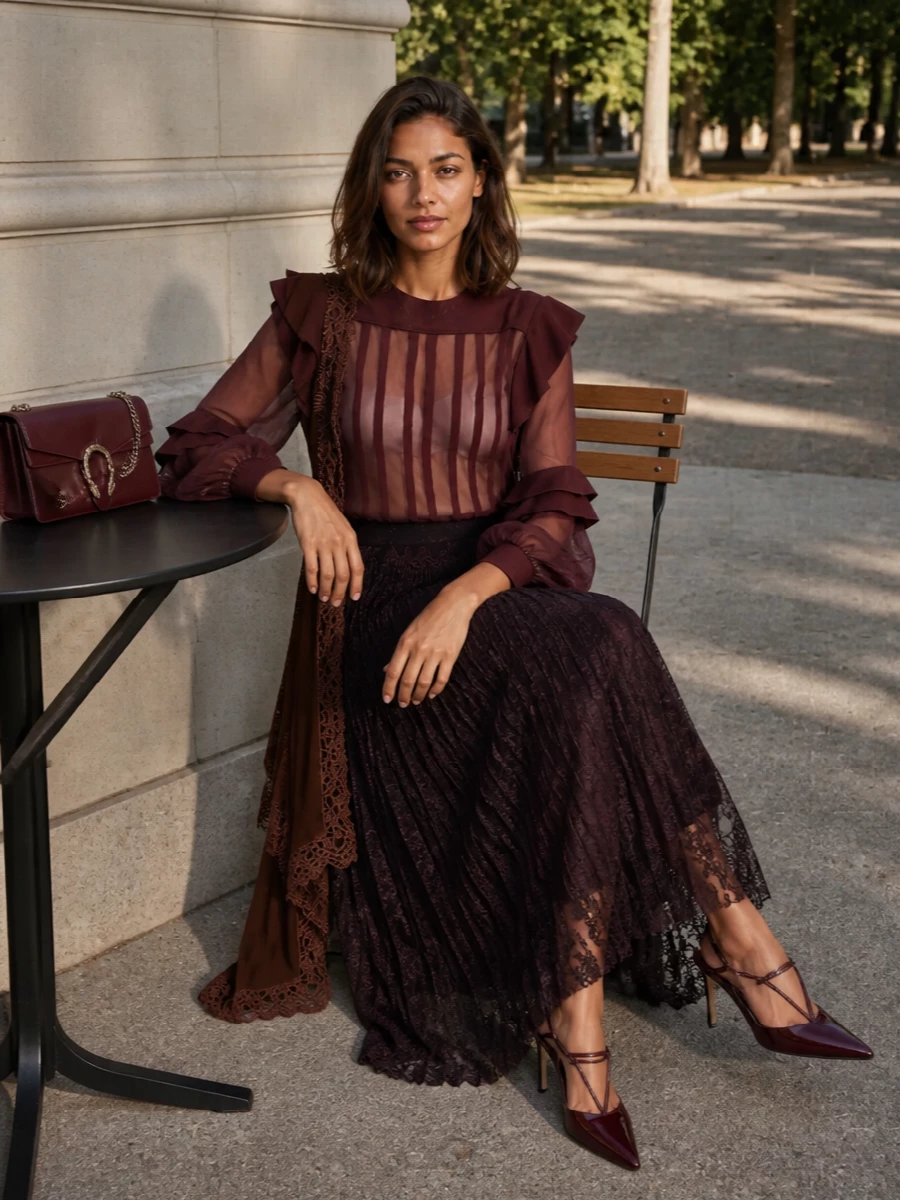Lanvin burgundy blouse lace maxi skirt outfit