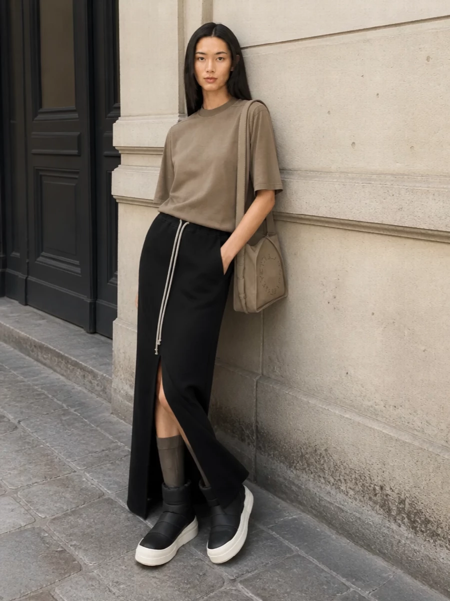 Rick owens drkshdw tee black maxi skirt outfit