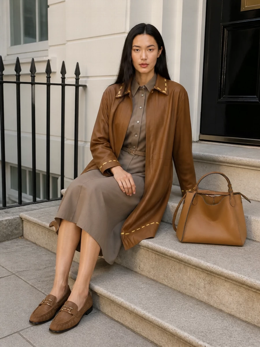 Fendi camel jacket taupe shirt dress outfit
