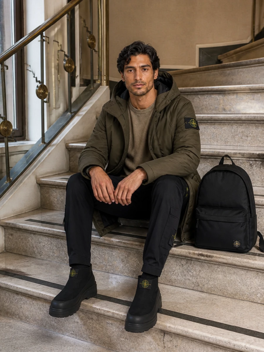 Stone island parka cargo pants winter boots