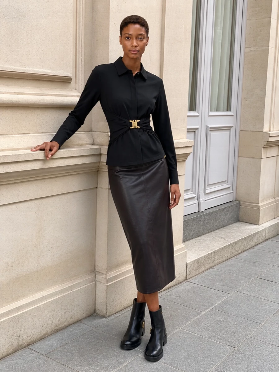 Ferragamo black shirt midi skirt ankle boots