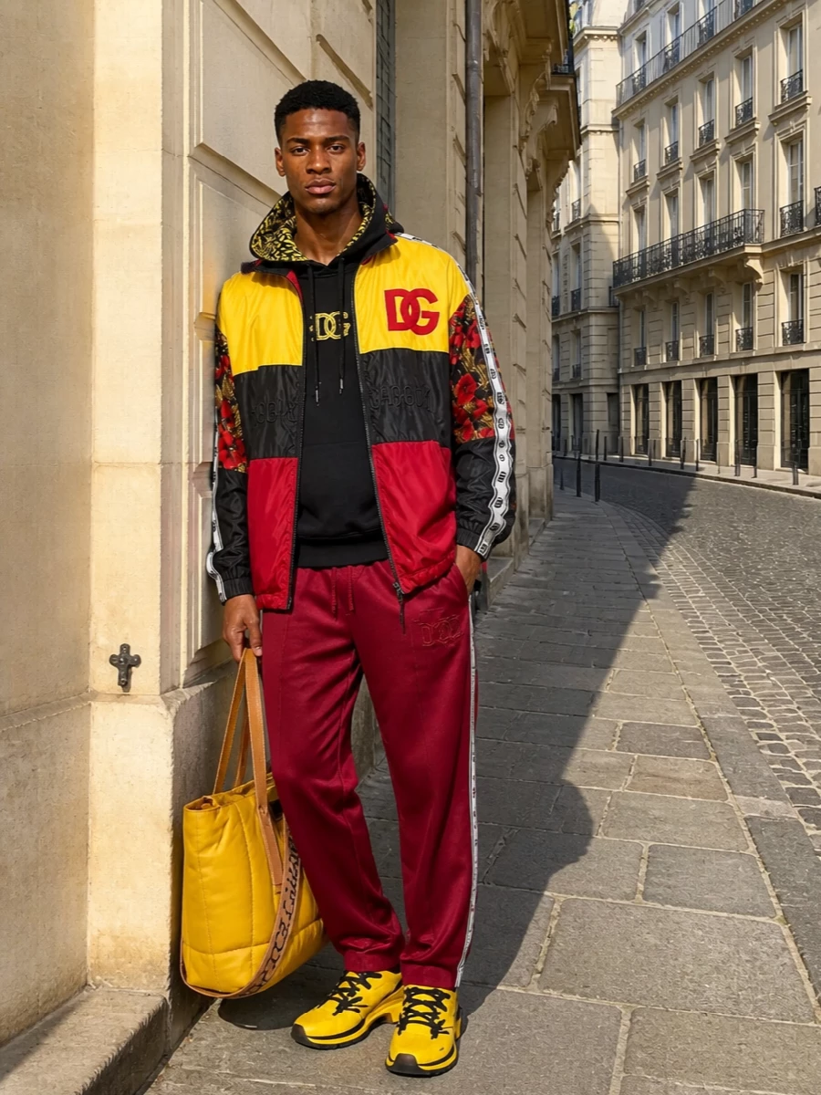 Dolce gabbana yellow windbreaker sneaker outfit