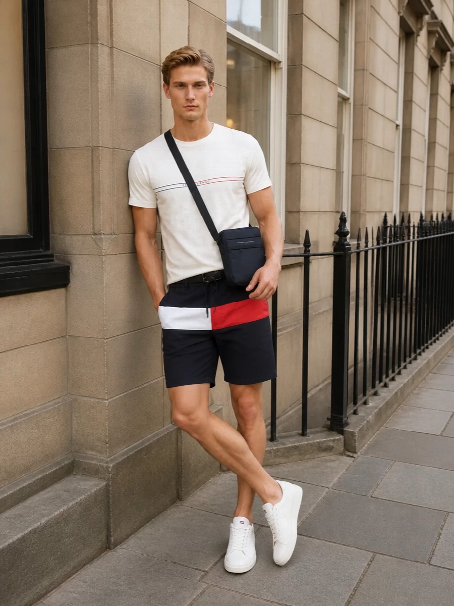 Tommy hilfiger navy swim shorts outfit sneakers