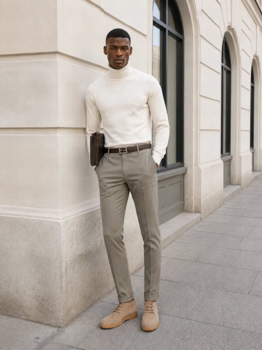 Dondup taupe chinos winter white turtleneck outfit