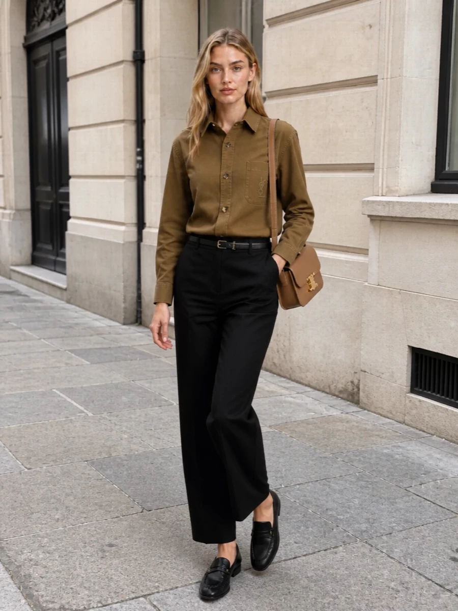 The camel Saint Laurent shirt is sharpened by high-rise black tailored trousers, creating a long, uninterrupted line that keeps the boxy top intentional rather than casual. Black loafers and a slim black belt refine the silhouette, while the structured camel Celine bag quietly mirrors the shirt’s tone for a cohesive, FW-ready palette. The result is a relaxed but razor-clean city uniform that moves from daytime appointments to understated dinners with ease.