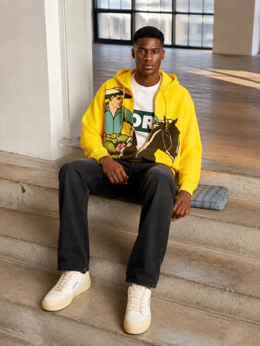Jw anderson cowboy hoodie black jeans autry sneakers