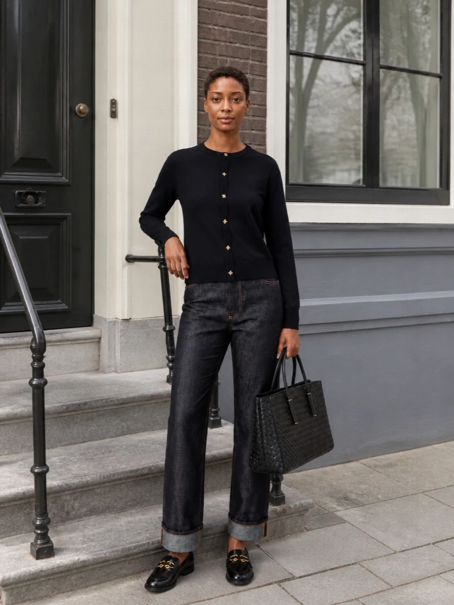 Midnight navy knit and raw cuffed denim frame a clean, elongated line that feels precise yet unfussy. Glossy navy loafers and a structured black intrecciato tote sharpen the mood just enough for desk-to-dinner city days. Gold-toned hardware threads quietly through each piece, adding cohesion without disturbing the minimalist calm.