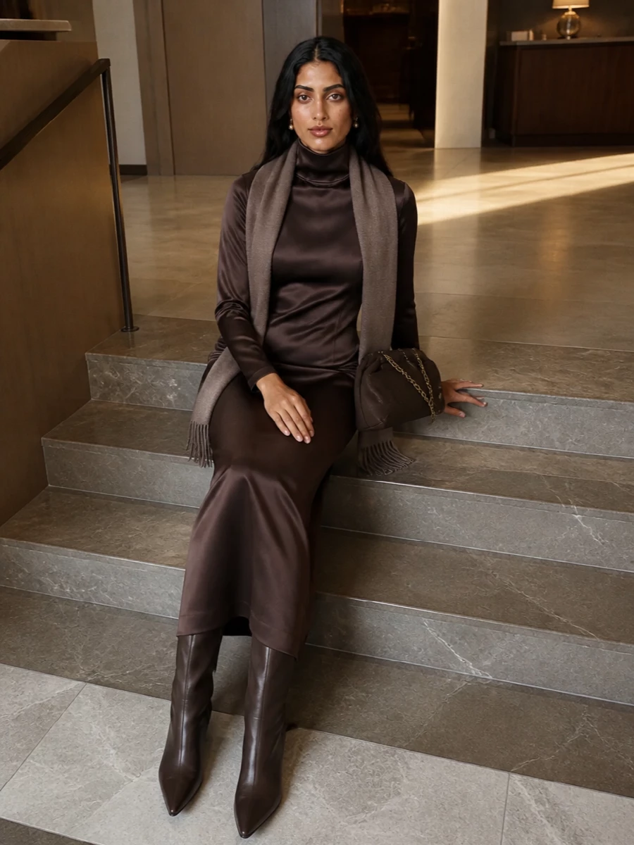 Max mara brown satin gown chocolate boots