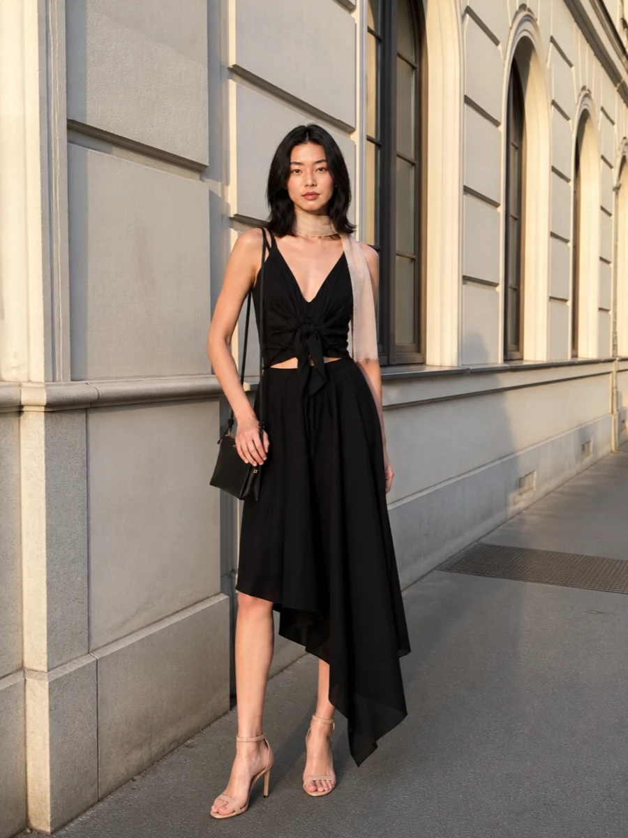 A draped black camisole and sculptural black midi skirt create a liquid, all-black column that feels sensual yet measured. Nude patent sandals and a slim black cross-body keep the line long and light, while a whisper of blush at the neck softens the graphic palette. It is an understated evening ensemble that reads modern, romantic and quietly polished from every angle.
