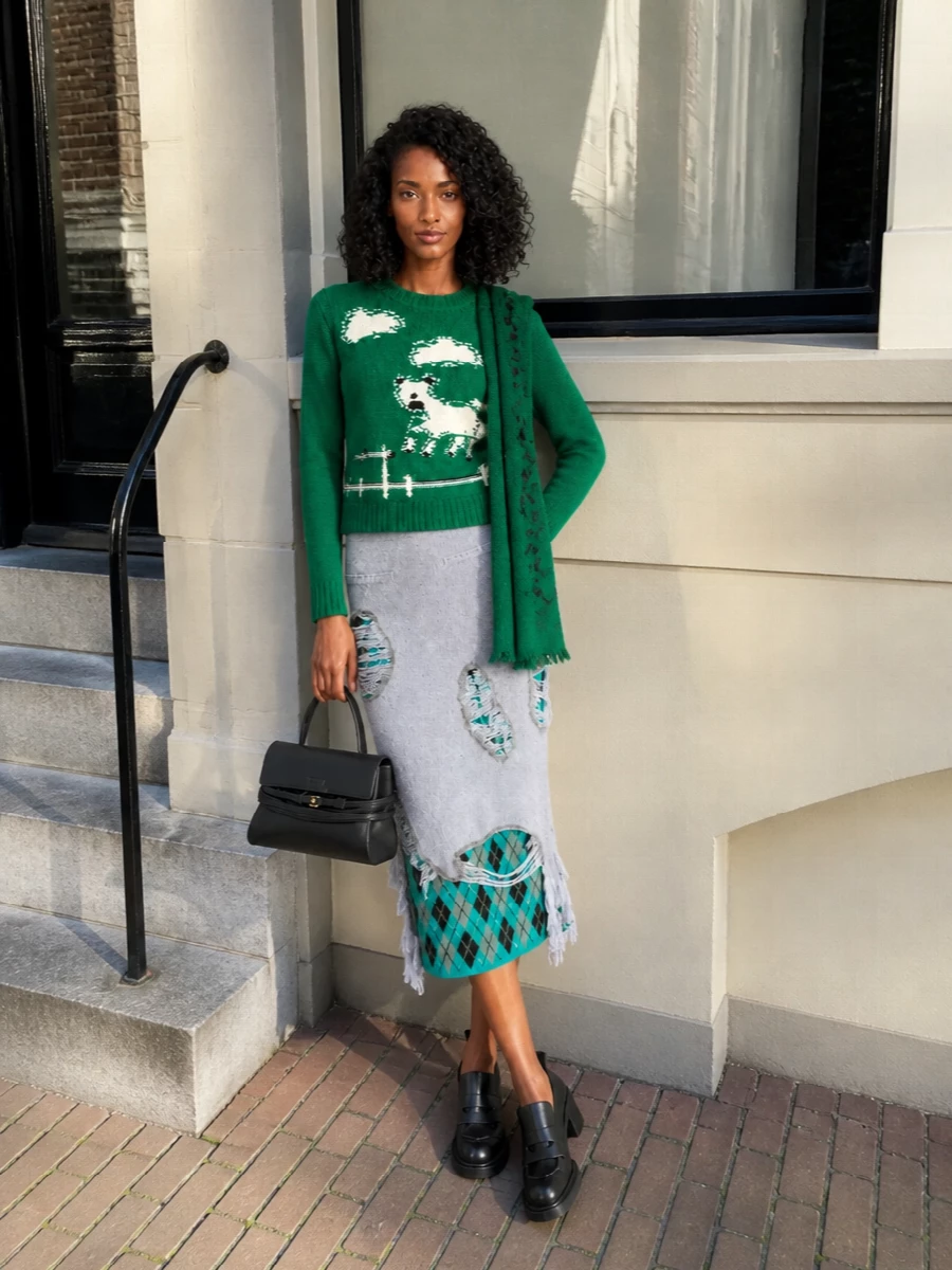 Moschino animal sweater argyle skirt loafers
