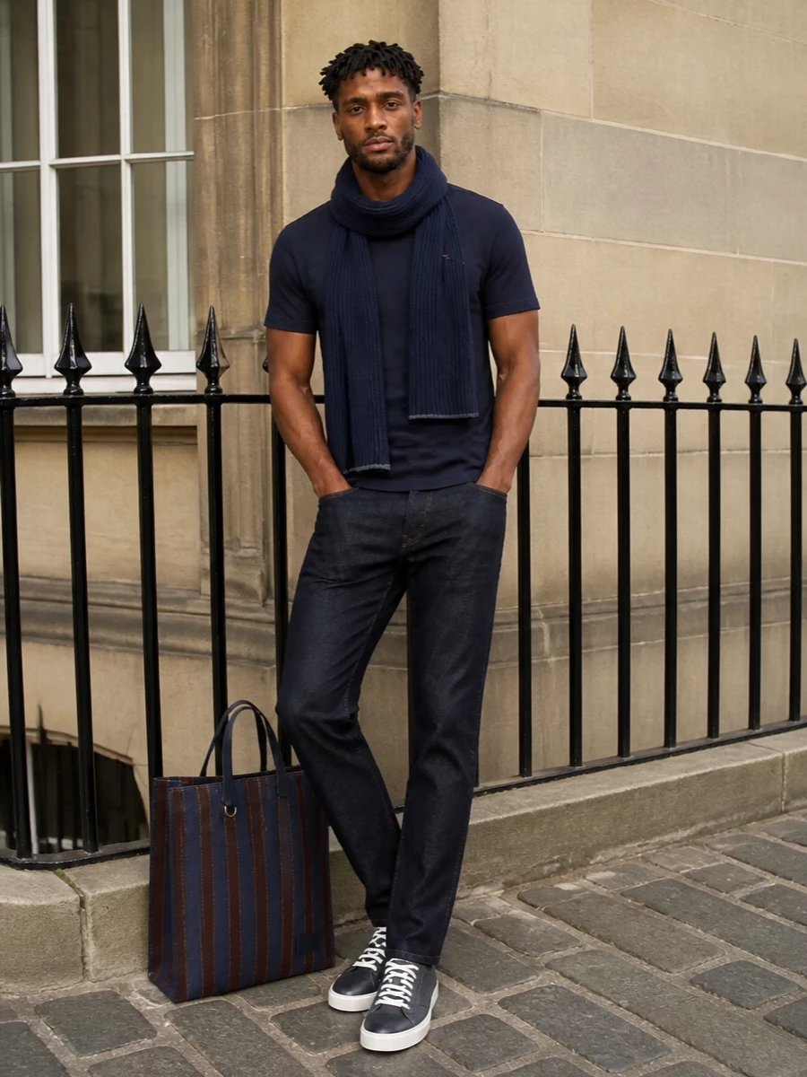 Kiton navy tshirt dark denim sneakers
