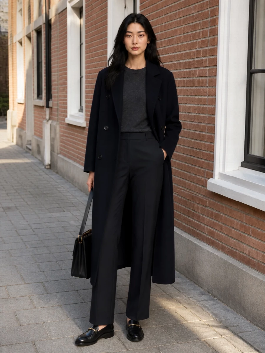Loulou studio navy coat tailored trousers outfit