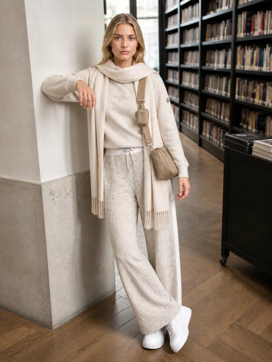 An all-neutral Moncler base in heathered oatmeal and cream keeps this wide-leg set calm, soft and quietly sporty. White padded sneakers and a sand nylon cross-body stay tonal but sharp, delivering practical polish without breaking the cocooned mood. An oversized oatmeal wrap adds just enough texture and warmth to finish the winter-off-duty ensemble with intention.