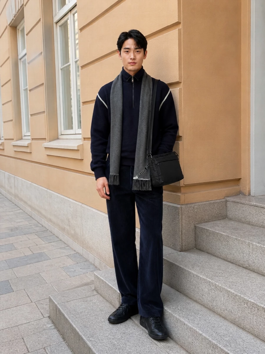 Deep navy, charcoal and black keep this Margiela ensemble tightly edited, letting the half zip and cord texture do the talking. The straight-leg cord trouser and tonal sneakers sit in a relaxed, almost tailored register, perfect for days that move from studio to city. A slim padded crossbody and charcoal scarf finish it with that quiet, design-conscious edge without breaking the minimal rhythm.