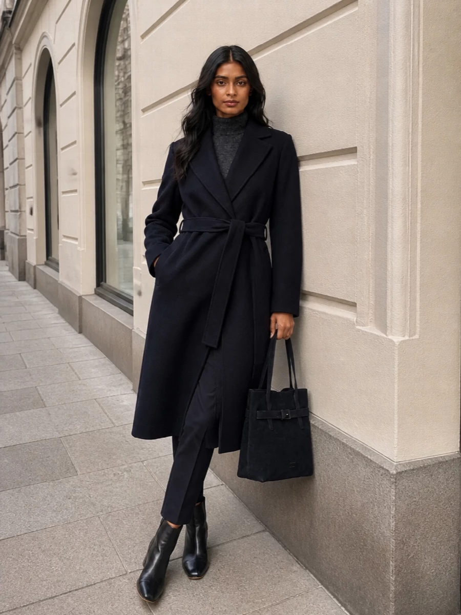 Max mara navy coat tailored trousers outfit