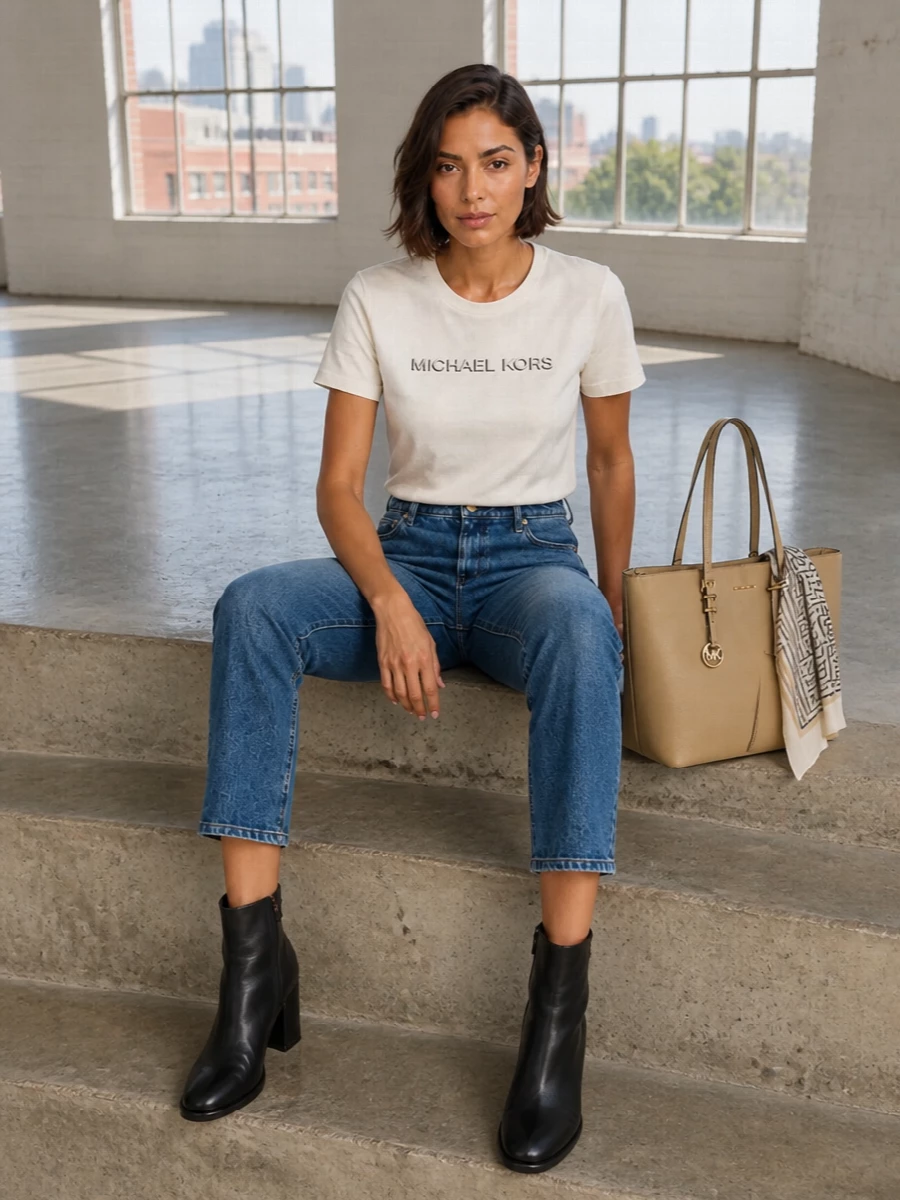 Michael kors cream logo tee jeans camel tote