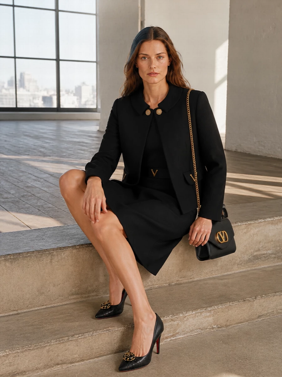 Valentino black jacket little black dress outfit