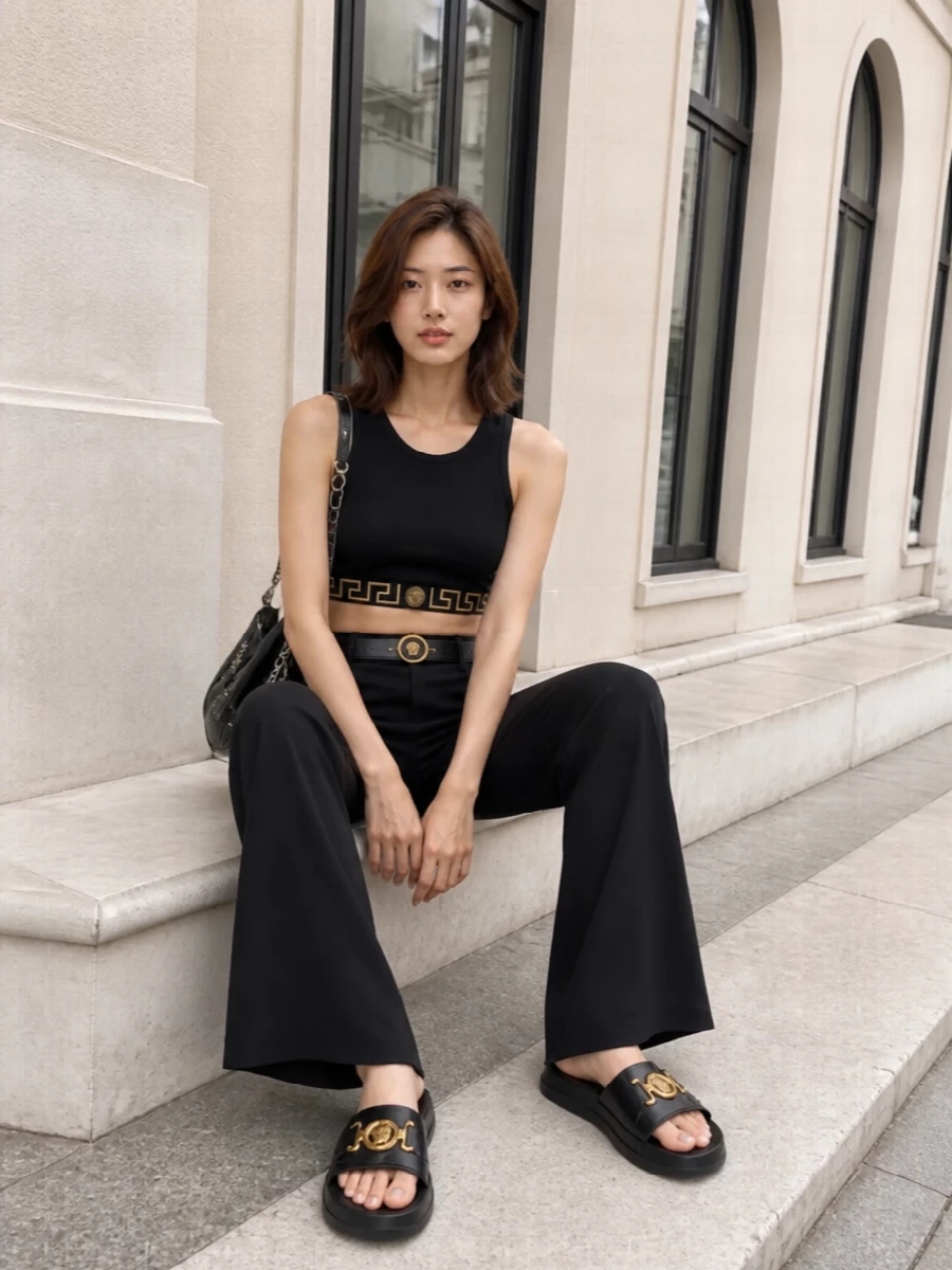 Versace greca crop top black flared trousers outfit