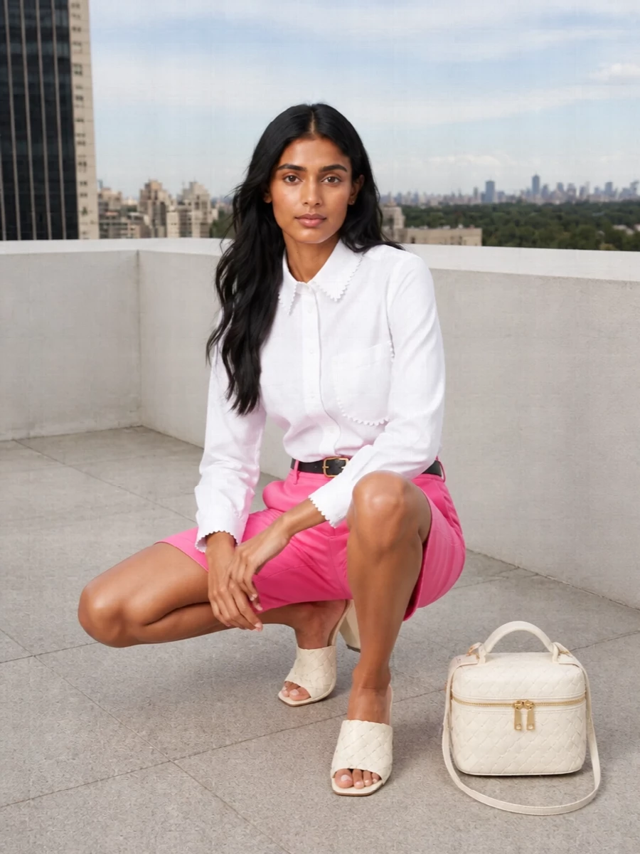 Bottega veneta pink tailored shorts outfit