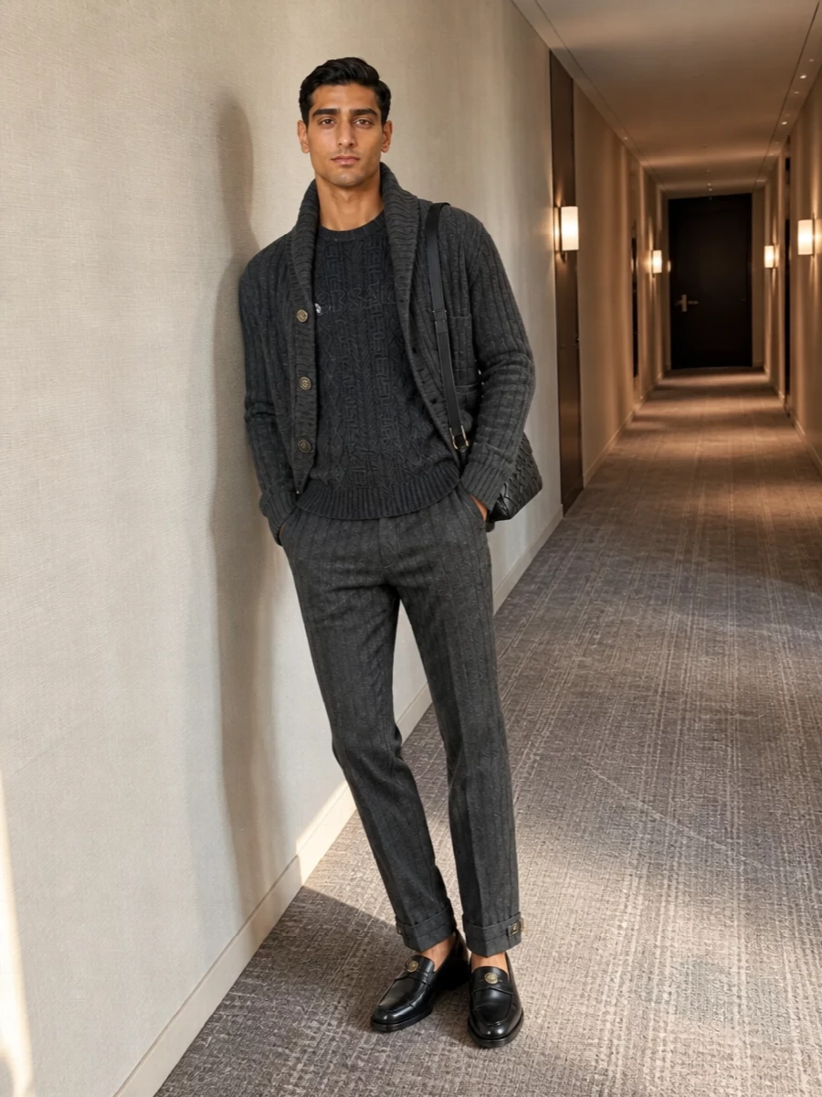 Versace charcoal cardigan tailored trousers outfit