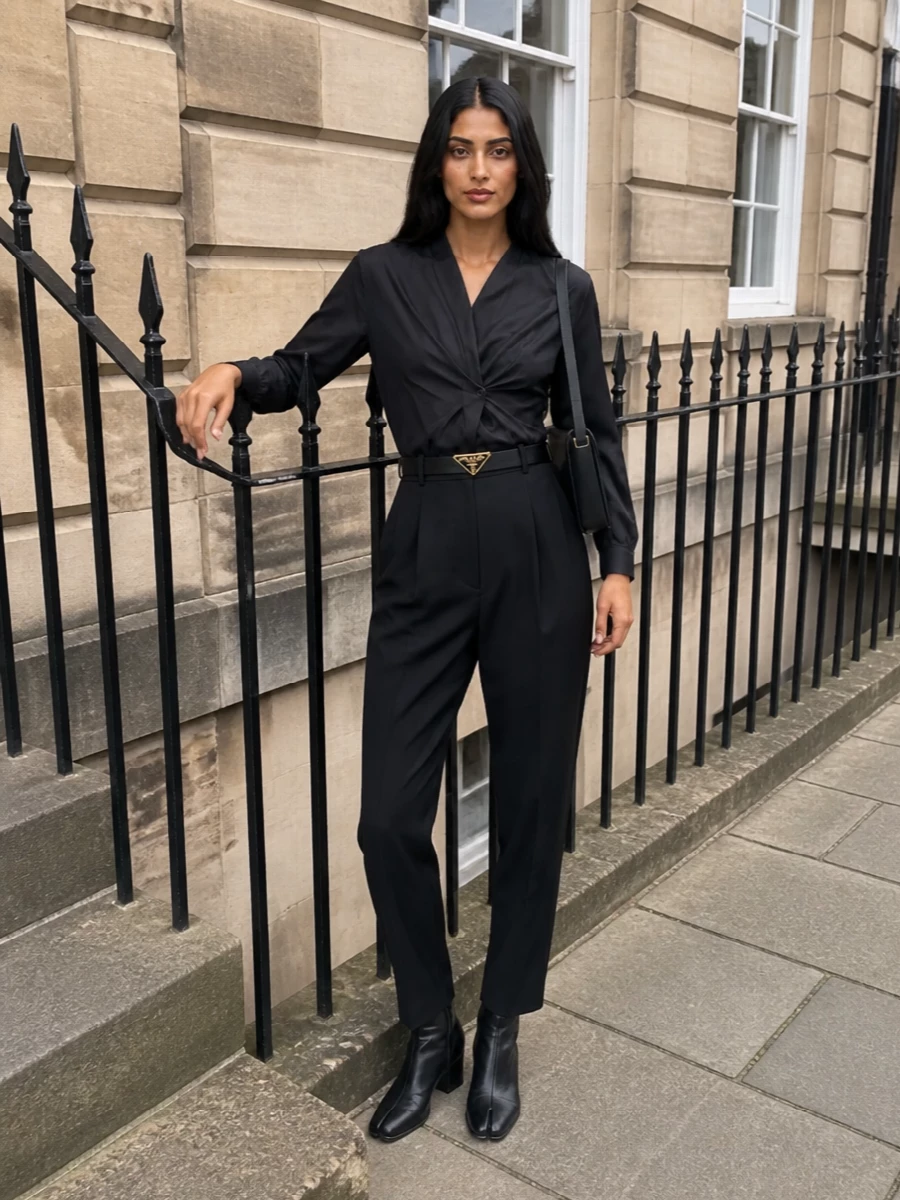 An all‑black, quietly structured ensemble that lets the wrapped shirt’s sculpted waist play against high-rise tapered trousers for a long, assured line. Sleek ankle boots and a razor-sharp shoulder bag keep the silhouette graphic rather than busy, while a fine leather belt adds just enough definition and hardware to feel considered from client meetings through late dinners.
