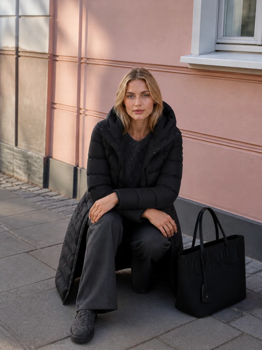 I’m keeping this firmly in the tailored path rather than a dress, so the Herno puffer reads as a sleek city coat over a considered knit-and-trouser base. The charcoal sequin sweater and matching wide-leg trouser create a tonal column under the coat, while flat Fendi boots and a structured Moncler tote underline the quietly luxurious, commute-ready mood. It is warm, polished and monochrome without feeling flat, thanks to subtle texture and shimmer instead of overt branding.
