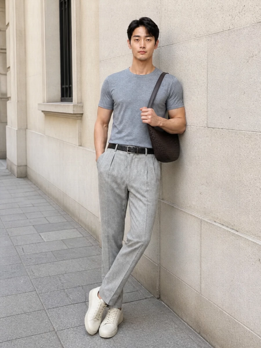 This look leans into Brunello’s refined ease: the heather-grey tee pairs with light-grey drawstring trousers for a softly tailored, tonal column that feels polished yet relaxed in warm weather. Sand suede low-top sneakers warm up the palette without breaking the minimalist line, while an espresso intrecciato crossbody and textured black belt add quiet, architectural detail that keeps the outfit feeling considered from city days to understated dinners.